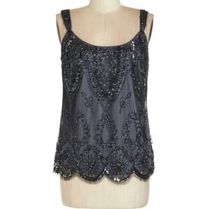 Vintage Cache Steel Blue Beaded Tank Top Cami Scalloped Hem Y2K Cocktail MED